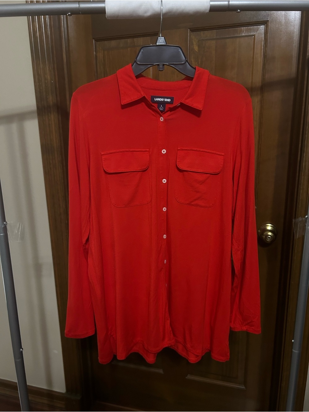 Lands' End Women’s Red Button-Down Tencel Tunic Large “basic red” hard to photo